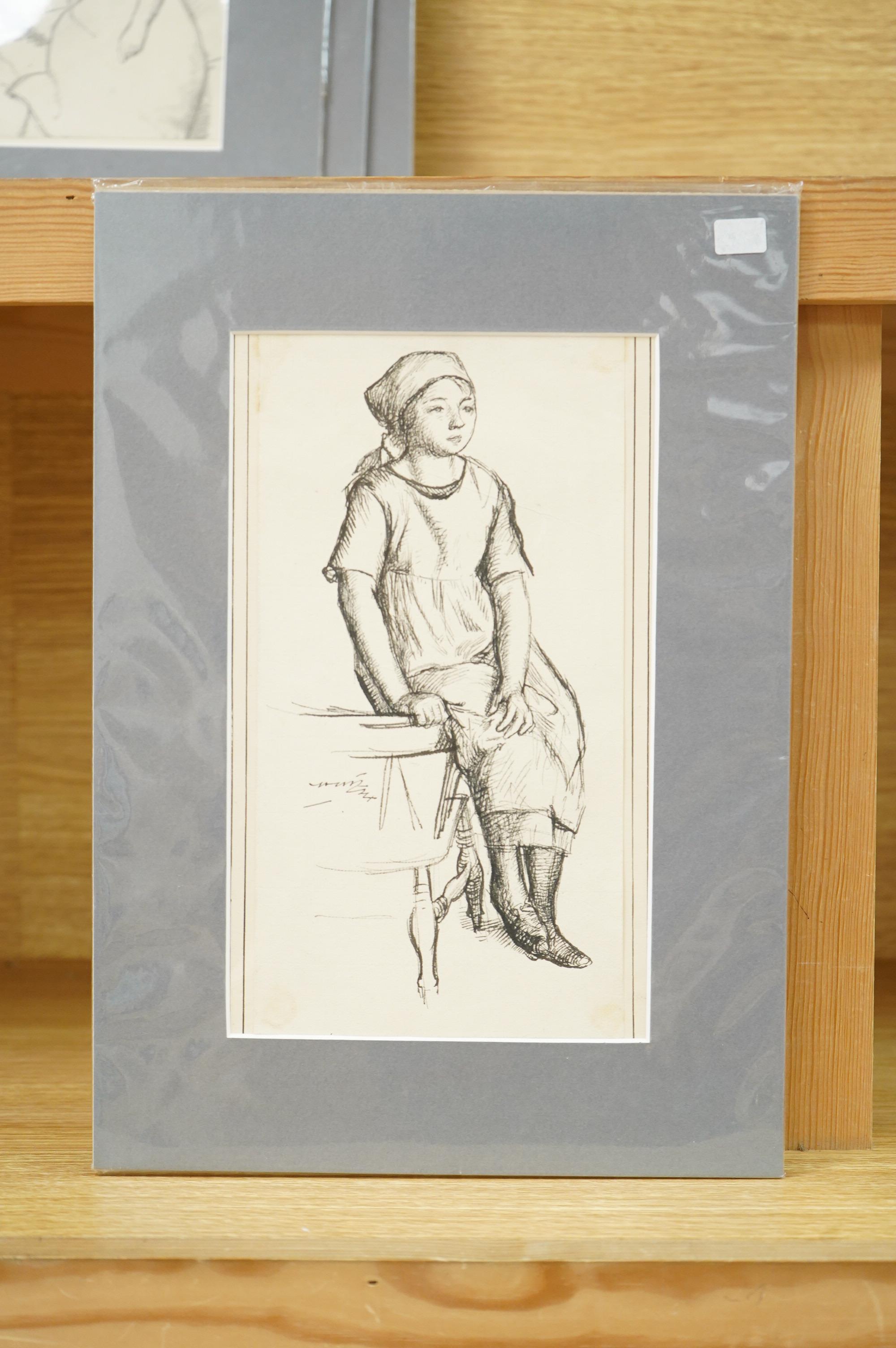 Harold Hope Read (1881-1959), ‘Resting Woman’, ‘Girl Standing’ and ‘Woman Resting’, each signed, each with Bowden Fine Art labels verso, three pen and inks on paper, mounted, unframed, largest 25 x 13cm